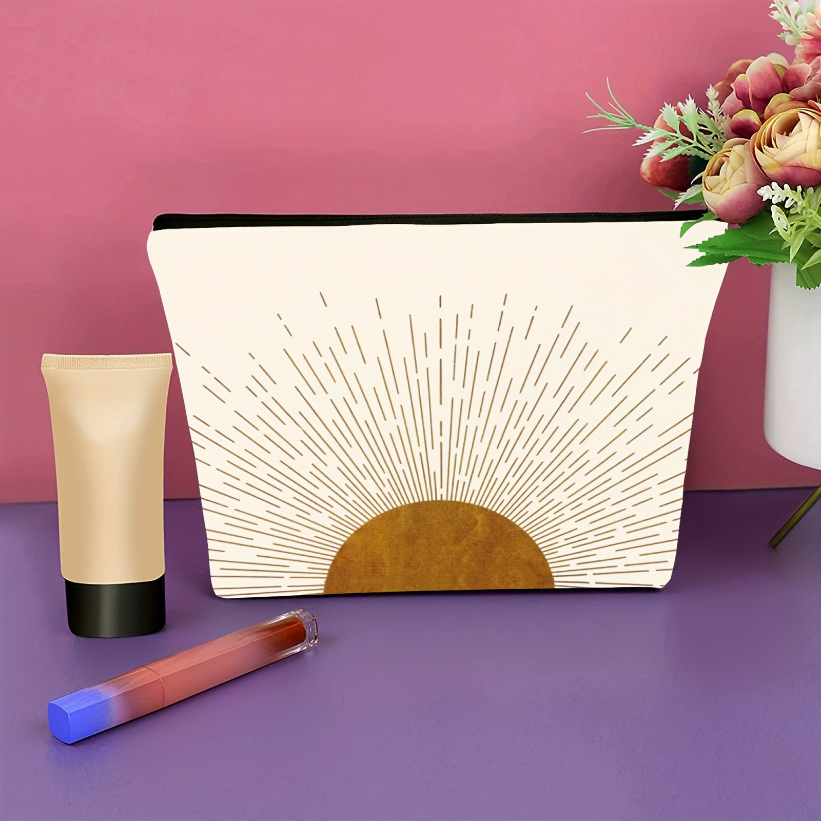 Sunshine Ray Makeup Bag Linen Zipper Pouch Travel Accessory