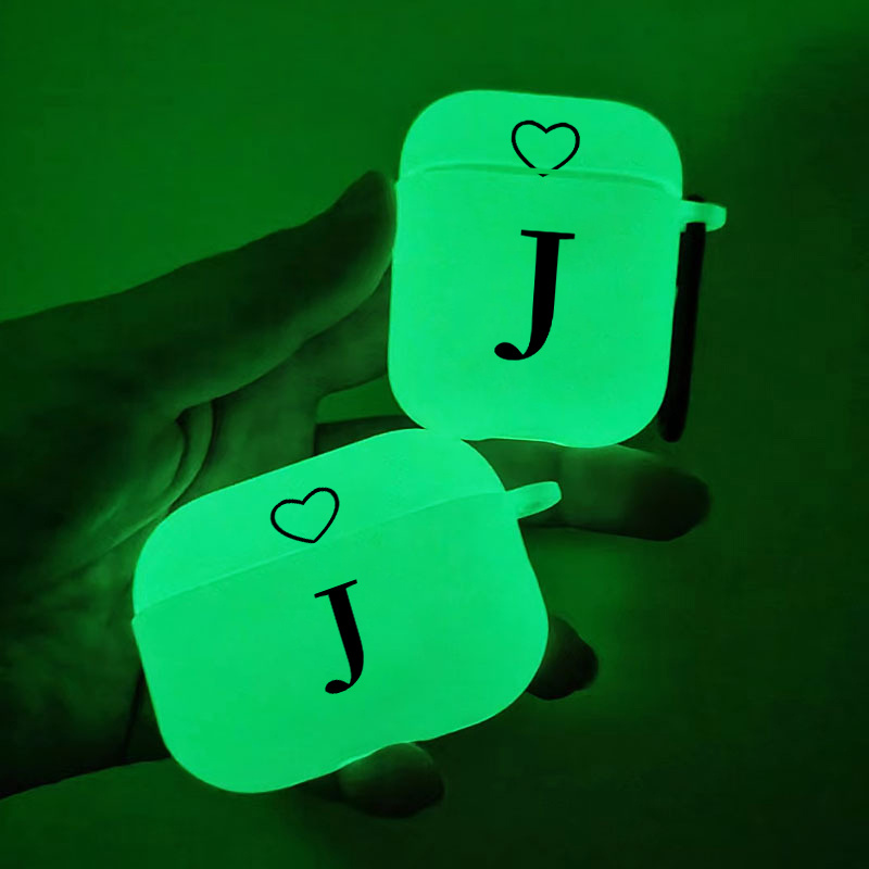 

Brighten Up For Your Airpods: Glow In The Dark Silicone Protective Case Letter J & Heart Pattern Graphic Headphone Case For Airpods 1/2/3/pro - 2nd Generation Premium Fy1 Anti-slip Earphone Case