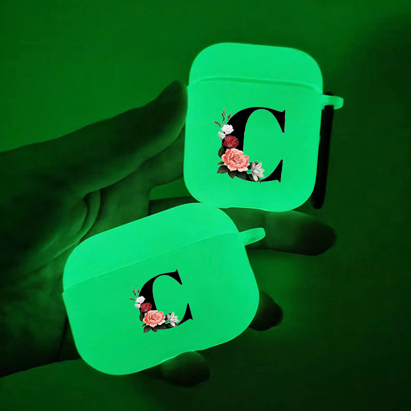 

Glow In The Dark Silicone Protective Case Letter C & Flower Pattern Graphic Headphone Case For Airpods 1/2/3/pro - 2nd Generation Premium Anti-slip Earphone Case