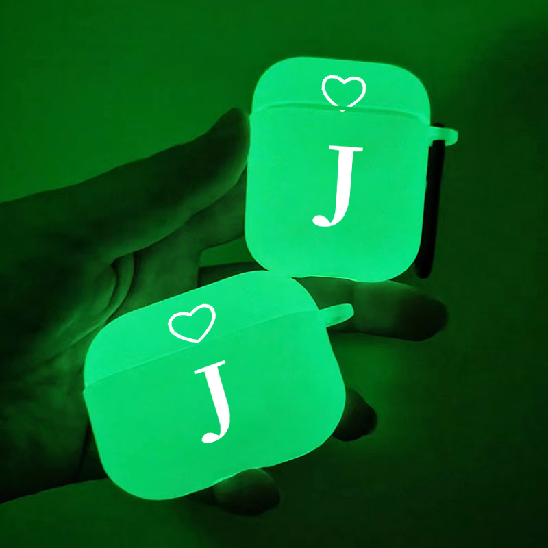 

Brighten Up For Your Airpods: Glow In The Dark Silicone Protective Case Letter J & Heart Pattern Graphic Headphone Case For Airpods 1/2/3/pro/2nd Generation Premium Anti-slip Earphone Case
