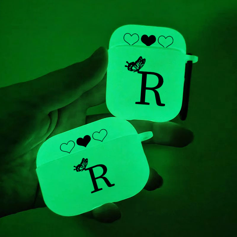 

Brighten Up For Airpods: Glow In The Dark Silicone Protective Case Letter R & Heart Pattern Graphic Headphone Case For Airpods 1/2/3/pro - 2nd Generation Premium Fy1 Anti-slip Earphone Case