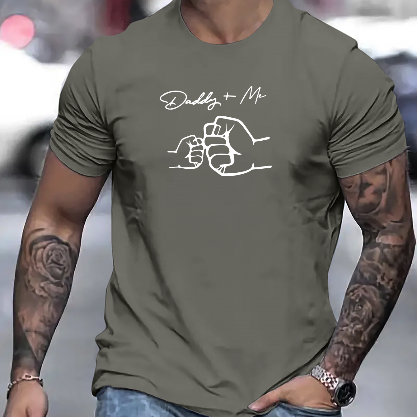 

Dad+me Letter And Fist Graphic Print Men's Creative Top, Casual Short Sleeve Crew Neck T-shirt, Men's Clothing For Summer Outdoor