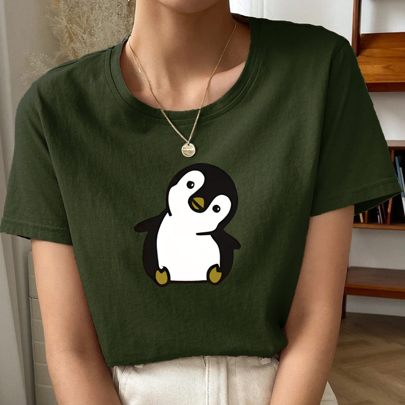 

Cute Penguin Pattern Versatile T-shirt, Round Neck Short Sleeves Stretchy Casual Tee, Women's Tops