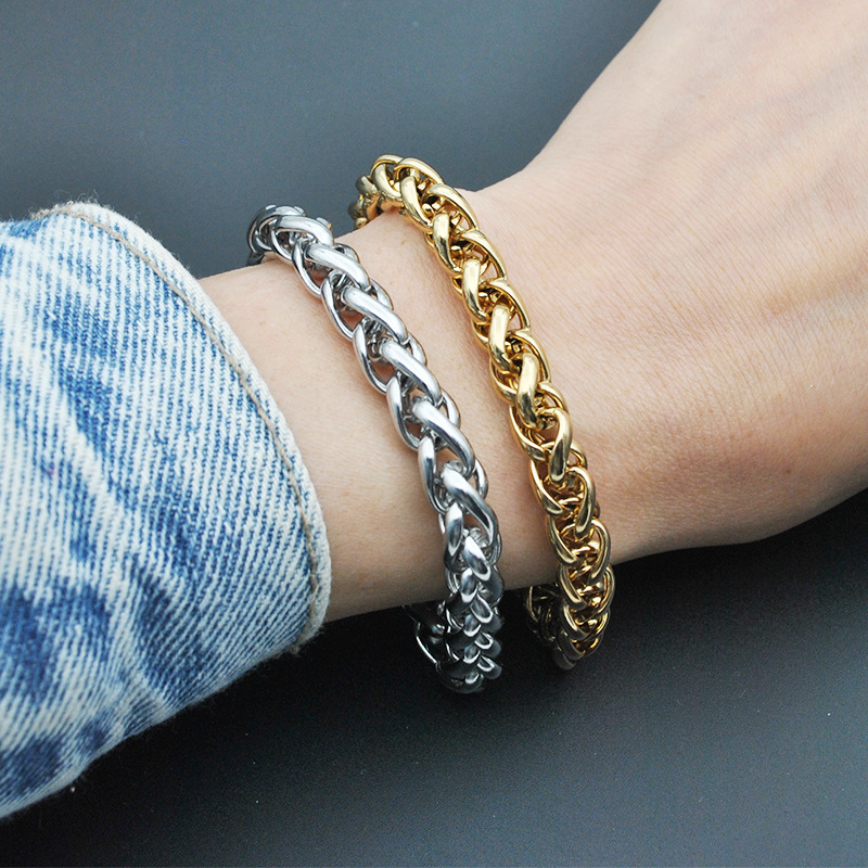 

1pc Width 6mm Stainless Steel Golden Plated Chain Bracelet, Fashion Jewelry Gift For Men And Women