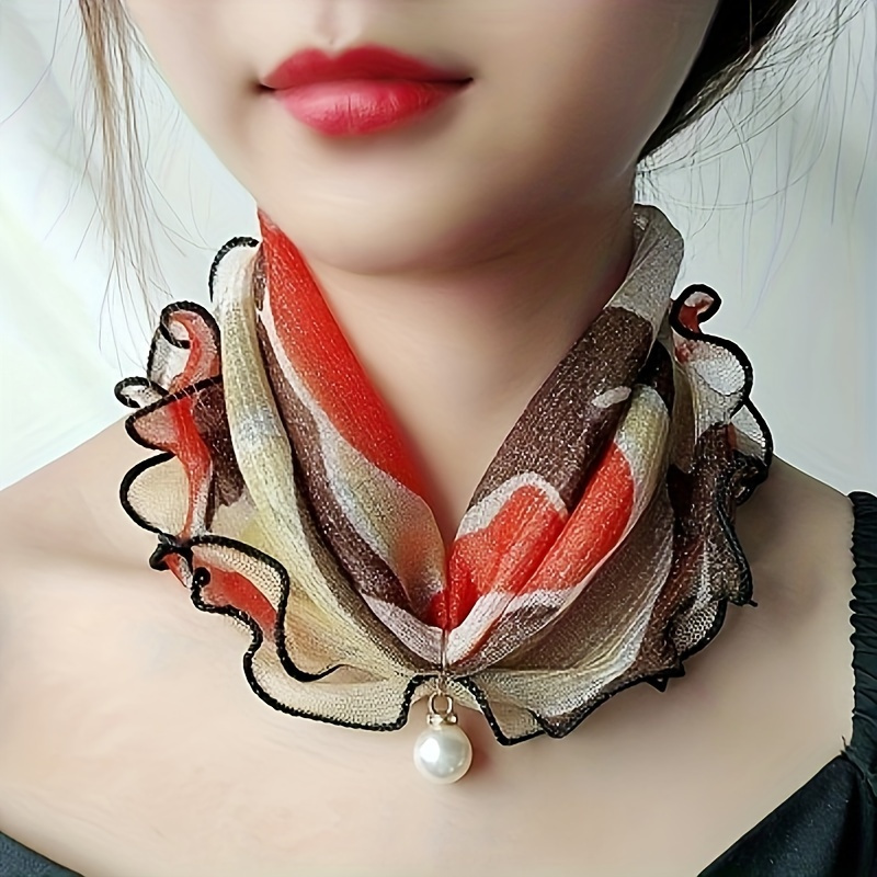 

Colorful Mesh Fake Collar Scarf Imitation Pearl Pendant Thin Breathable Neck Gaiter Elegant Elastic Personality Ruffle Edge Neck Protection Neck Cover