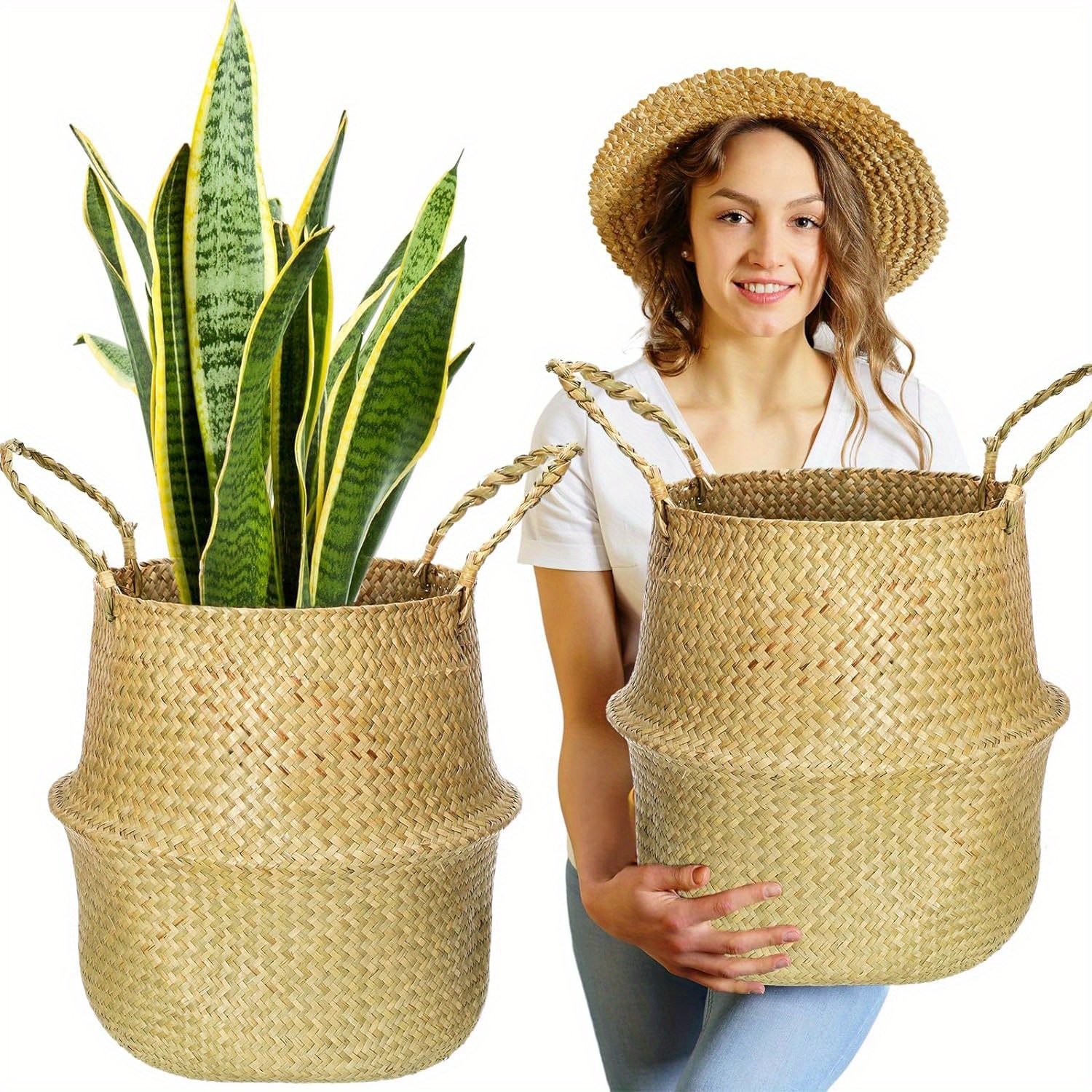 

1 Pack, 18 Inch Oversize Woven Seagrass Plant Basket Boho Belly Basket Decorative Weaved Basket With Handles For Storage Laundry Picnic Plant Pot Cover Beach Grocery Supplies