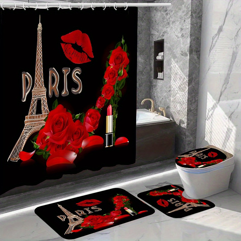 

1/4pcs Roses & Eiffel Tower Shower Curtain Set, Shower Curtain With 12 Hooks, Non-slip Bath Mat, U-shaped Toilet Mat, Toilet Mat, Bathroom Decor Accessories