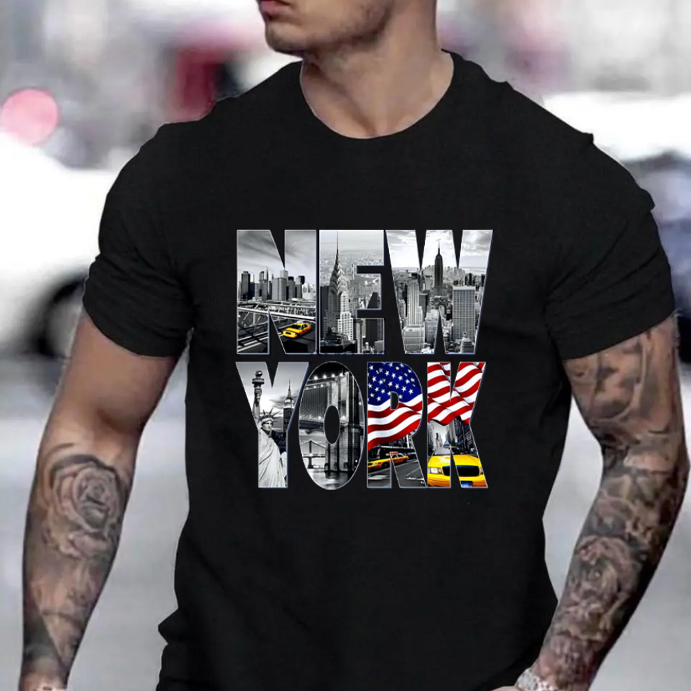 

New York Graphic Men's Short Sleeve T-shirt, Comfy Stretchy Trendy Tees For Summer, Casual Daily Style Fashion Clothing