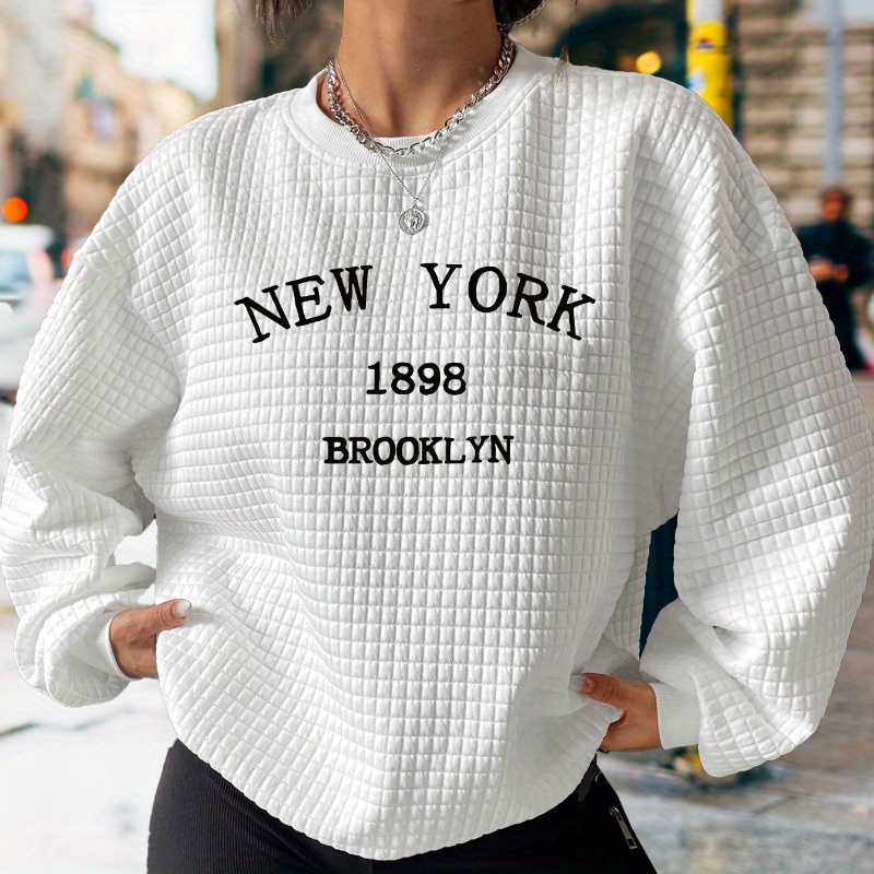 

New York Letter Print Waffle-knit Sweatshir, Casual Crew Neck Long Sleeve Sweatshirt, Women's Clothing