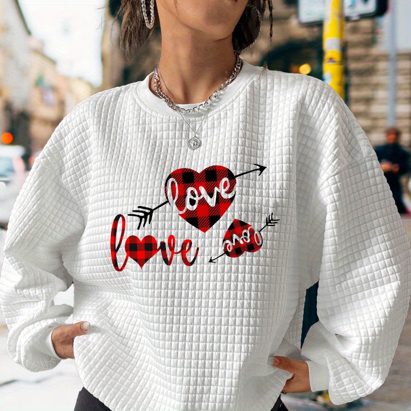 

Valentine's Day Waffle Sweatshirt, Casual Crew Neck Long Sleeve Sweatshirt, Women's Clothing