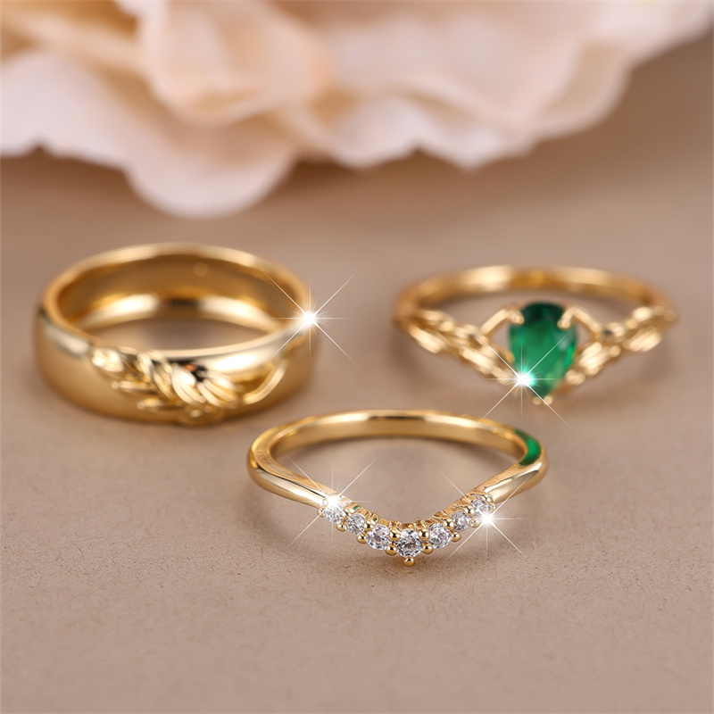 Image of 3pcs/ Stone Claw Rings Set Golden Color Floral Jewelry Set Valentine's Day Gift, For Teenager, For Teenager