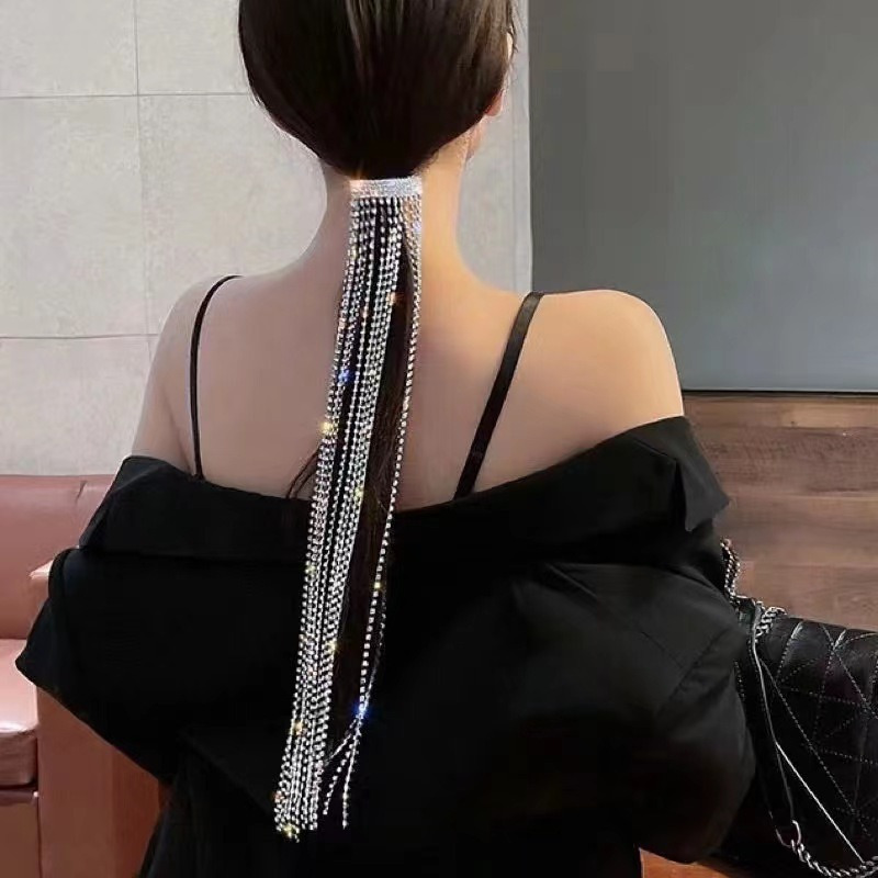 

Elegant Rhinestone Tassel Hair Clip For Women - Long Sparkling Crystal Headband With Chains, Weddings, Banquets, And Bridal Hairstyles