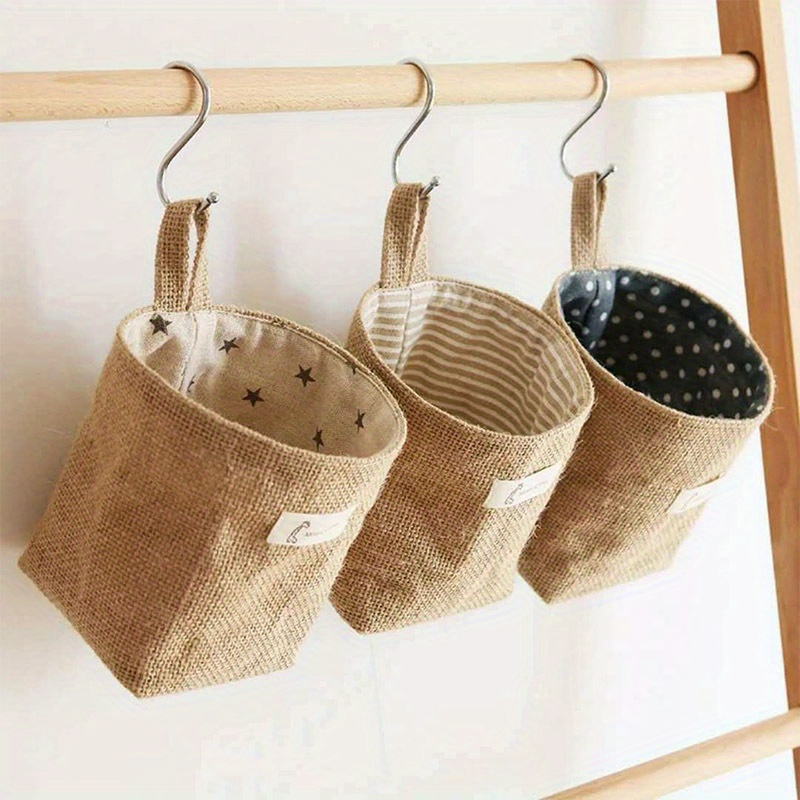 

1pc Rustic Jute Cotton Linen Storage Bags - Multi-pattern Desktop Basket With Hanging Loops, Organizer For Toys, Cosmetics, Sundries - Vintage Farmhouse Decor Storage Box, Home Organization