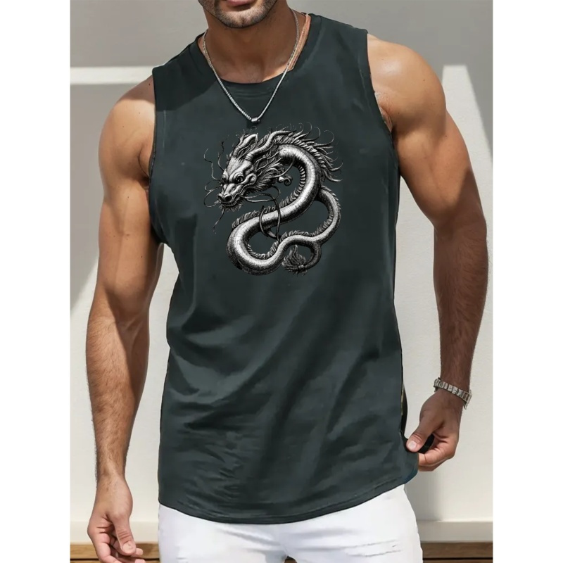 

Chinese Dragon Print Sleeveless Tank Top, Men's Active Undershirts For Workout At The Gym