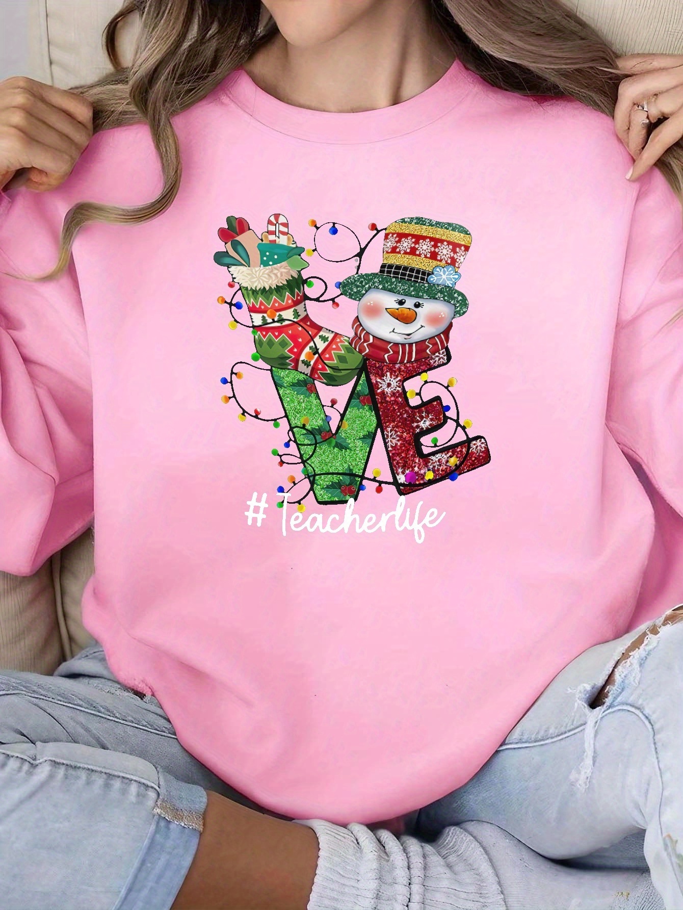 Christmas Love Teachful Print Sweatshirt Crew Neck Casual - Temu Australia