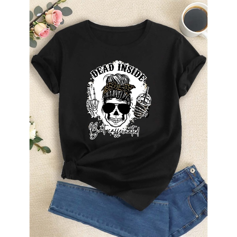 

Rock And Roll Skull Skeleton Print T-shirt, Short Sleeve Crew Neck Casual Top For Summer & Spring, Women's Clothing