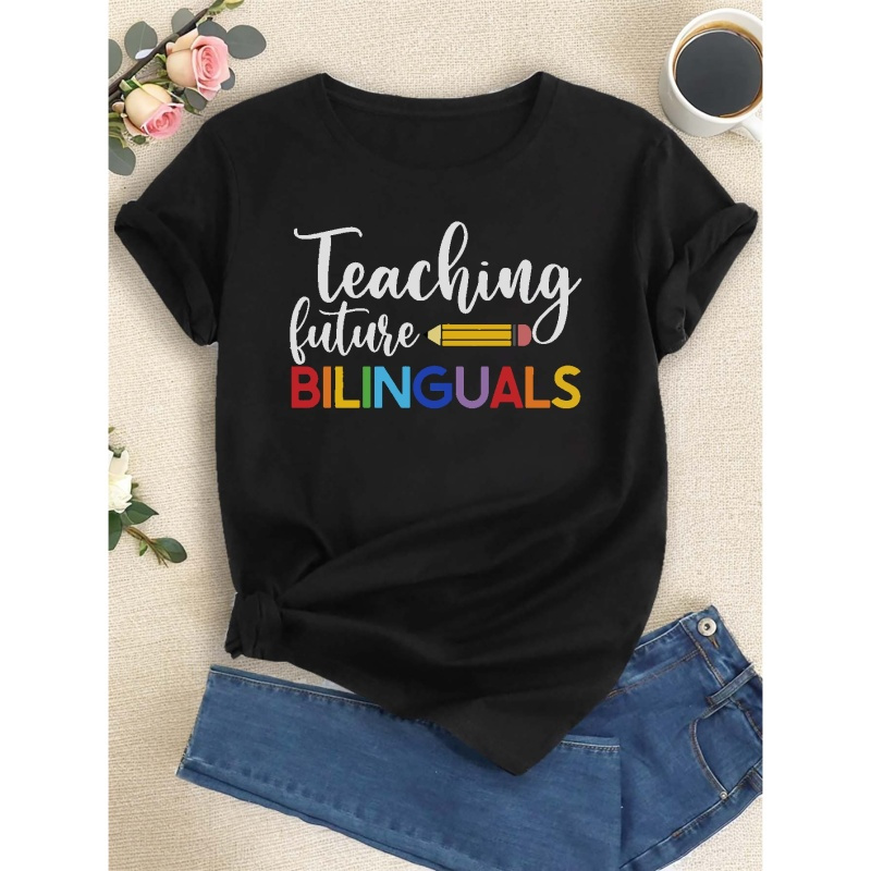 

Fashion Letters Bilinguals Print T-shirt, Short Sleeve Crew Neck Casual Top For Summer & Spring, Women's Clothing