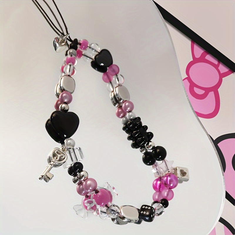 

Phone Chain Key Hanging Women Wrist Jewelry Candy Love Heart Beaded Cellphone Chain Charm Lanyard Telephone Decoration