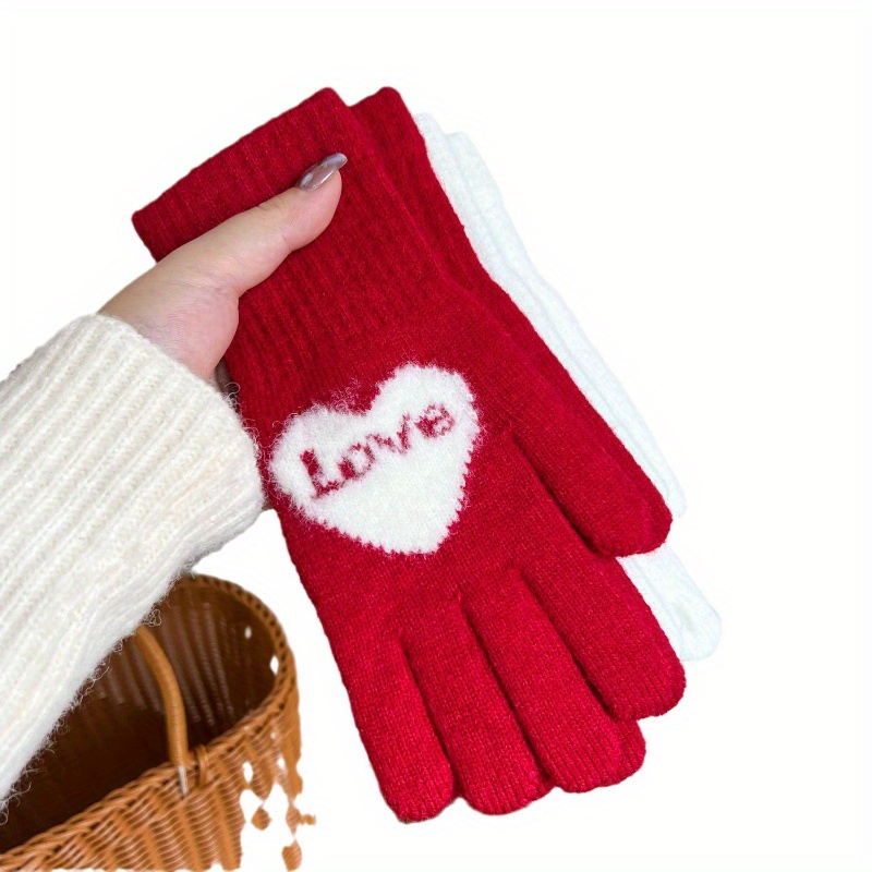 love heart knit gloves short thick warm touchscreen gloves winter coldproof windproof split finger gloves for couple valentines day gifts