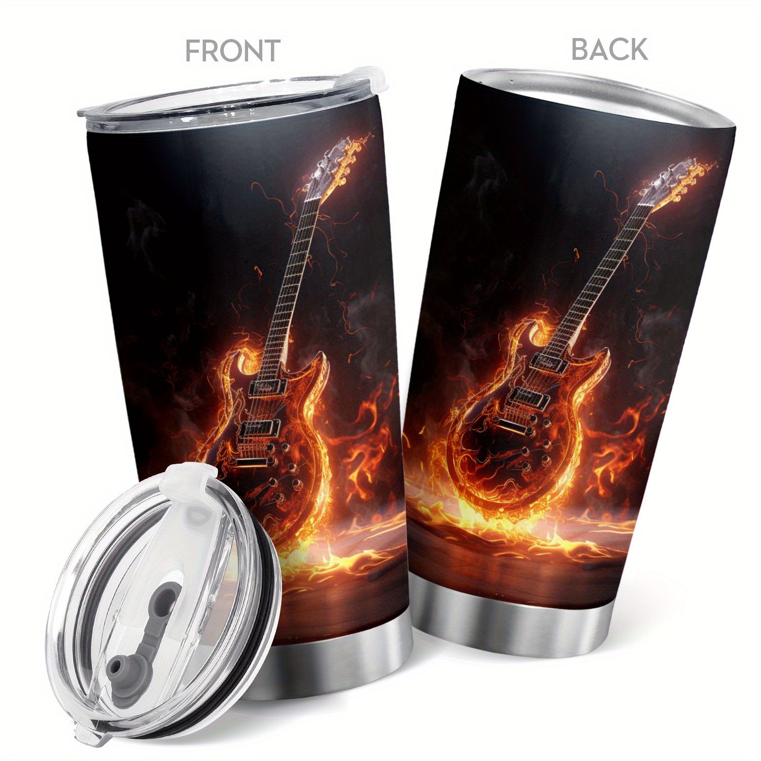 

1pc 20oz Guitar On Fire Travel Mug Tumbler With Lid, Stainless Steel Vacuum Insulated Tumbler, Double Wall Coffee Cup Travel Mug