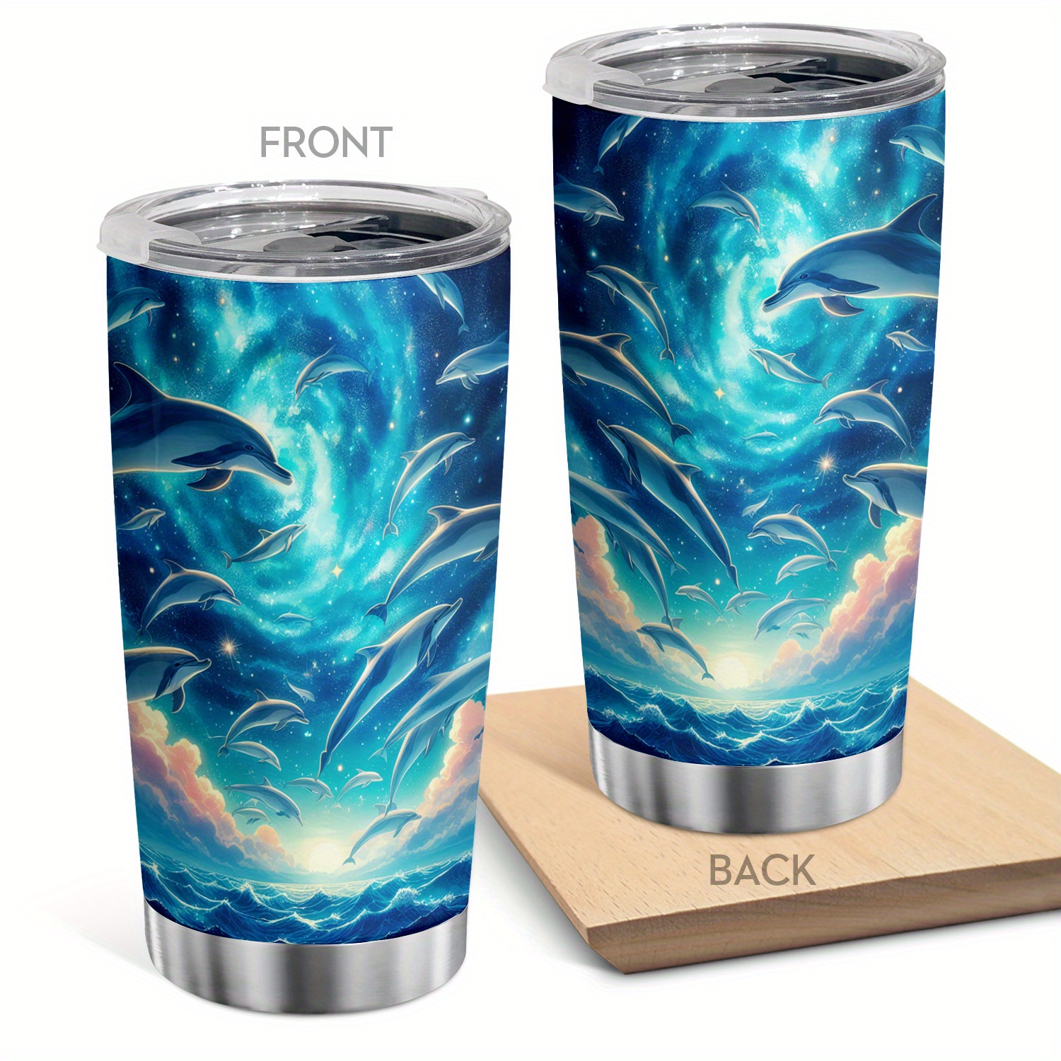 

1pc 20oz Sea World Tumbler Insulated Cup With Lid, Stainless Steel Travel Mug For Dolphin Lover, Double Wall Water Tumbler, Ice Coffee Mug