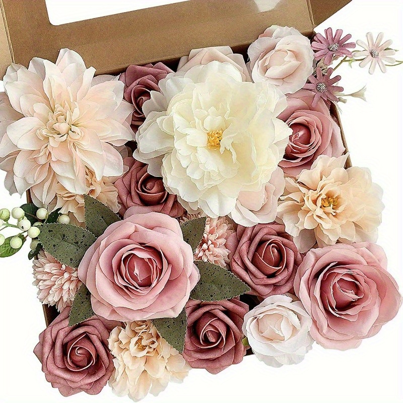 

19pcs, Roses Artificial Flowers Pink Bouquets Box Set For Diy Bridal Wedding Shower Decorations Fake Floral Arrangements For Party Table Centerpieces Home Decor Indoor Outdoor Dusty Blush