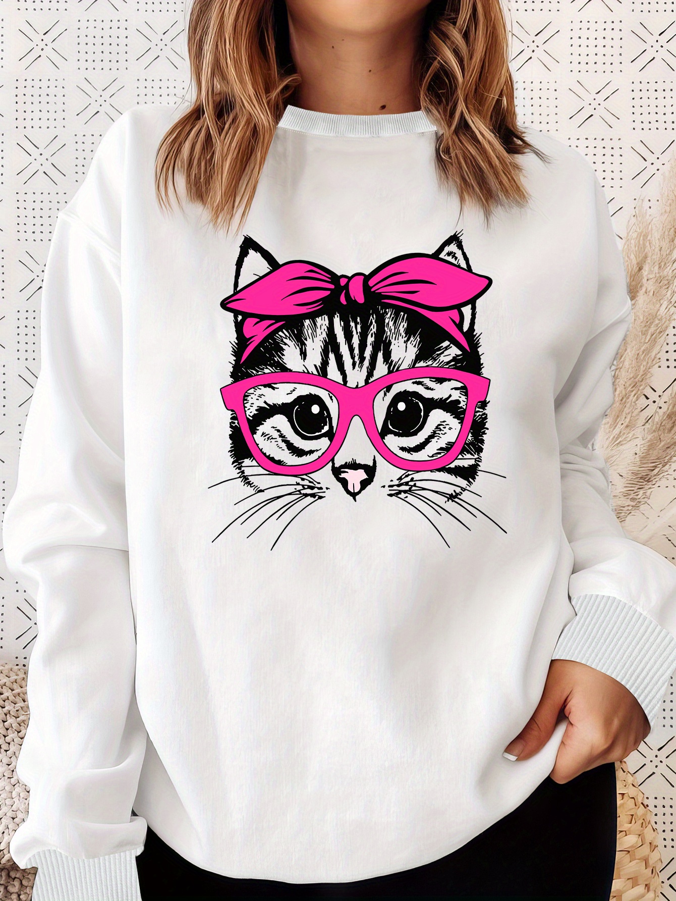 ORANDESIGNE Felpa Girocollo Donna Stampa Gatto Sweatshirt Maglione Leggere  Manica Lunga Maglietta Elegante Crewneck Sweatshirt Stampa Animalier 3D  Gatti Pullover Casual A Bianco XS : .it: Moda