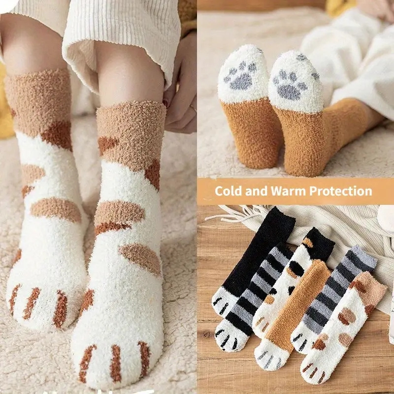 Cat Paw Pattern Socks Warm Cute Fleece Home Floor Socks - Temu