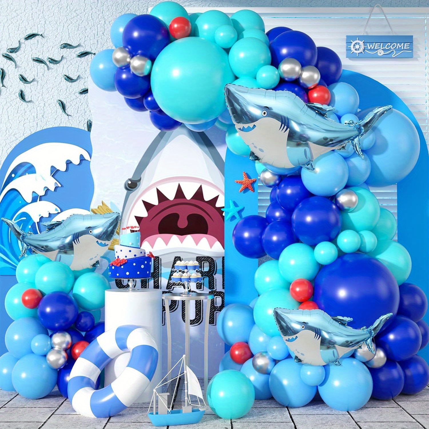 

104pcs, Shark Theme Birthday Party Balloon Arch Kit, Ocean Under The Sea Party Decor, Blue Slivery Red Balloon Arch Kit With Shark Balloons For Shark Ocean Birthday Under The Sea Party Decorations
