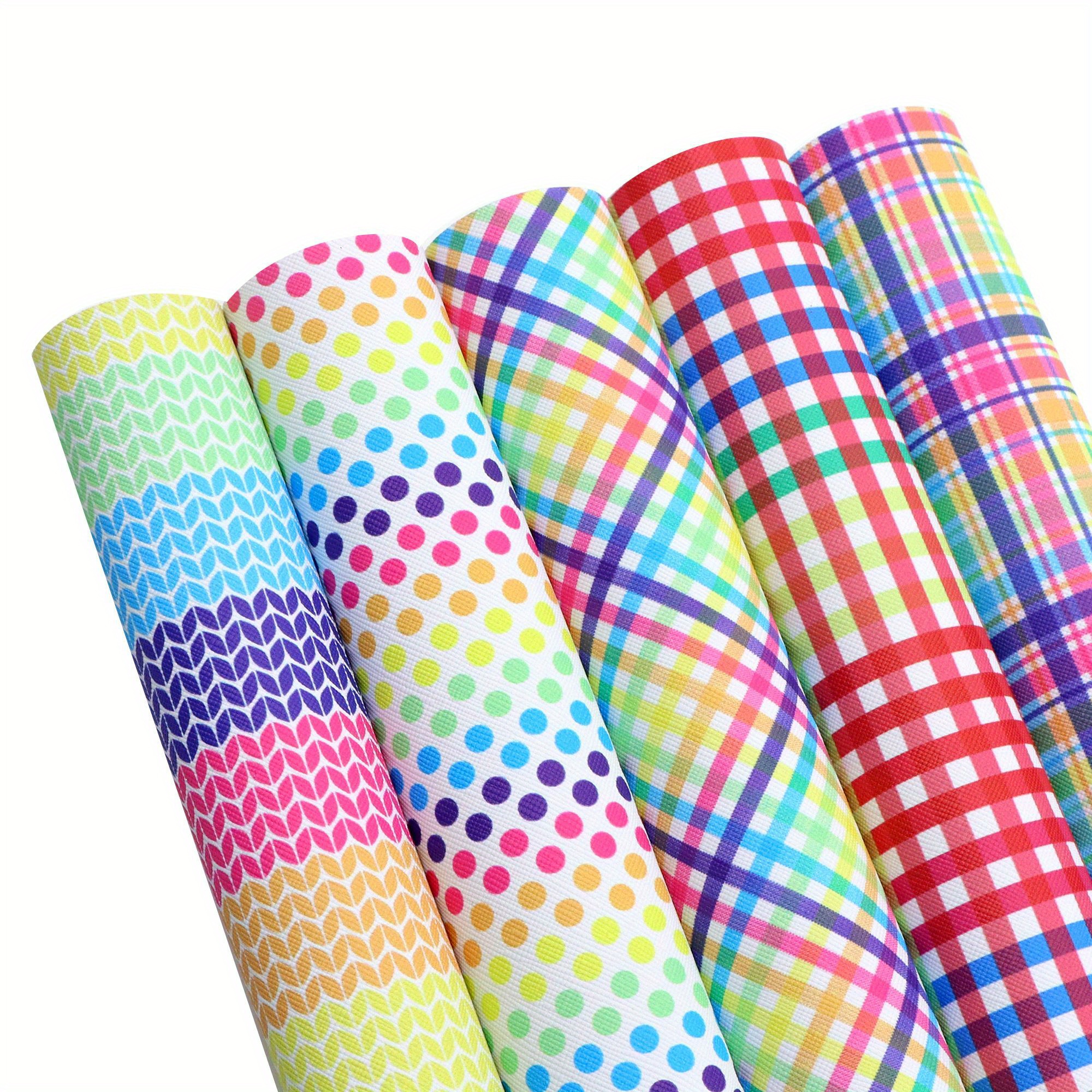 

5pcs/set Geometry Faux Leather Sheets 7.87x12.99inch Rainbow Color Striped Plaid Dot Printed Synthetic Leather Fabric Set For Diy Handmade Crafts Earrings Hair Bows Projects