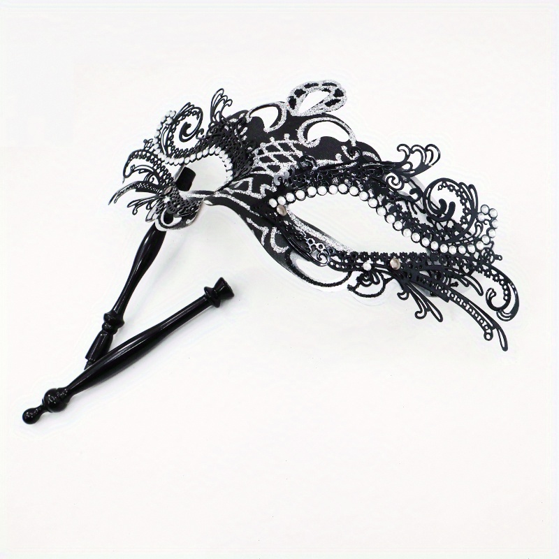 Handheld Stick Mask | Feather Masquerade Mask Black Silver