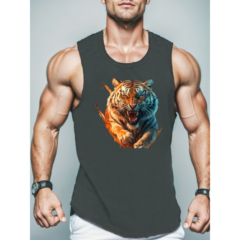 

Roaring Tiger Print Sleeveless Tank Top, Men's Active Undershirts For Workout At The Gym