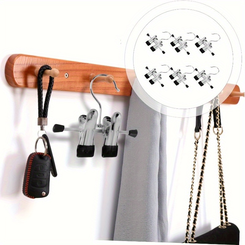 

6pcs Adjustable Stainless Steel Hanger With Clothespins For Clothing Shop, Shoe Drying Rack, Pants Drying Hanger, Multifunctional Portable Hook Sock Clip, Anti Slip Drying Rack