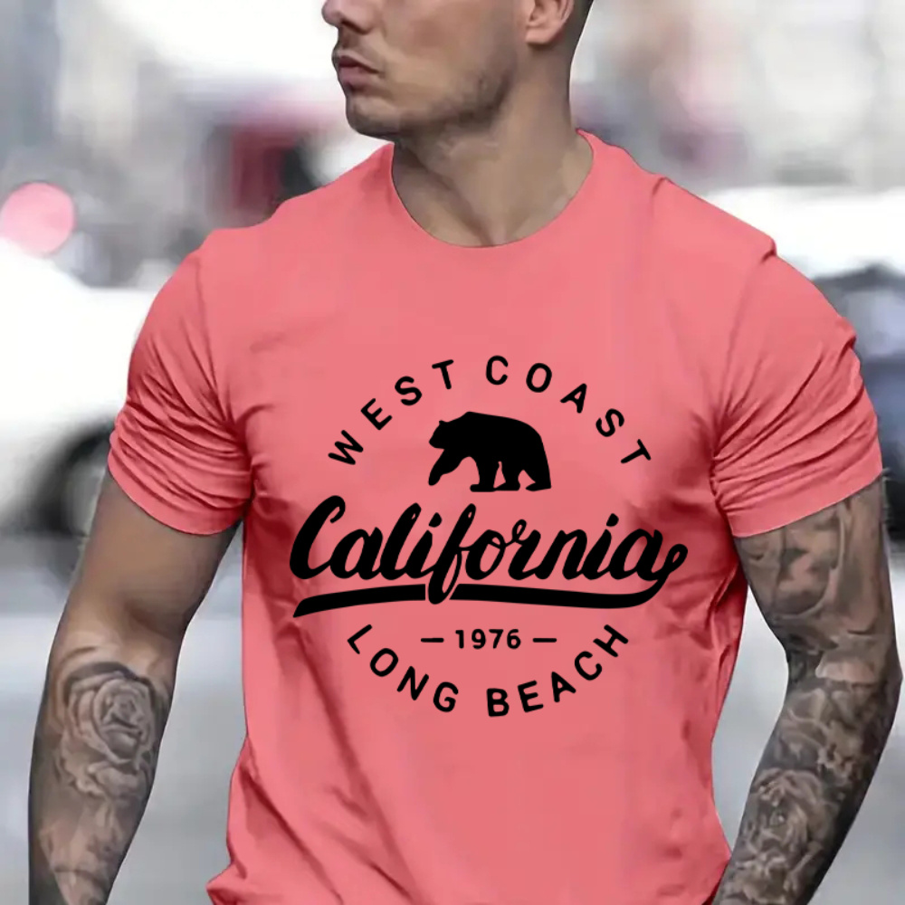 

California Graphic Men's Short Sleeve T-shirt, Comfy Stretchy Trendy Tees For Summer, Casual Daily Style Fashion Clothing