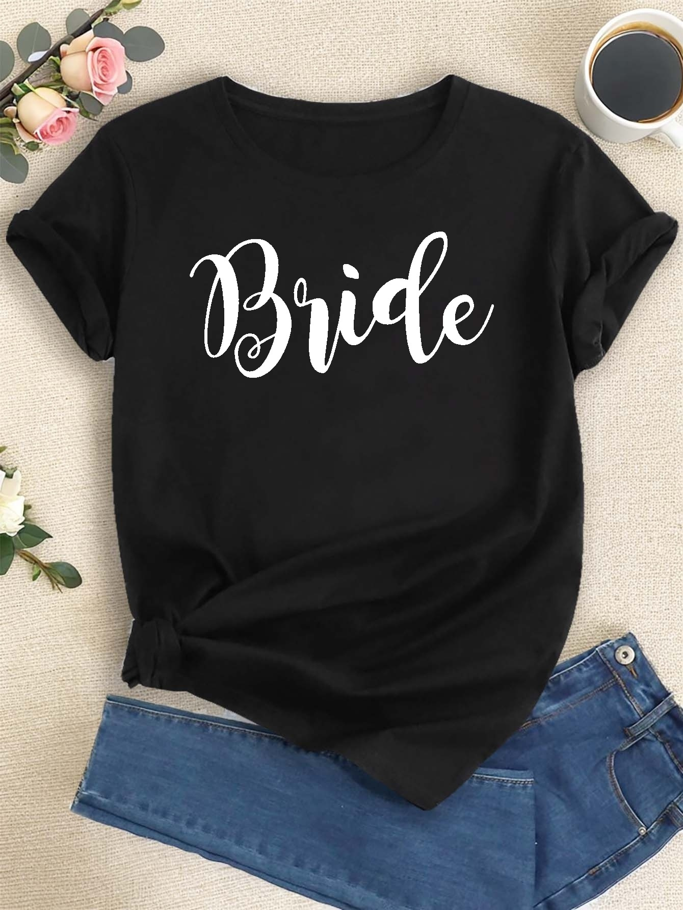 Team Bride Print T shirt Short Sleeve Crew Neck Casual Top - Temu