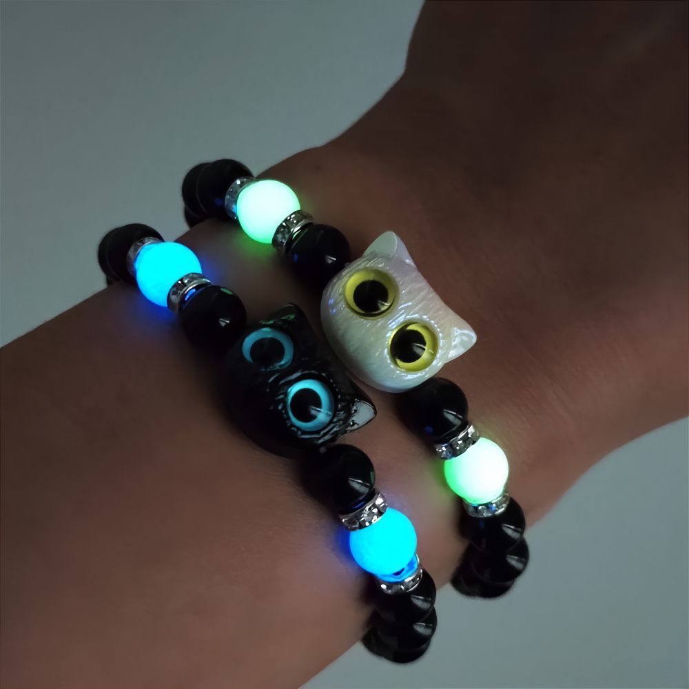 

1pc Luminous Beaded Bracelet With Cute Cat Design Pendant, Ideal Gift For New Year