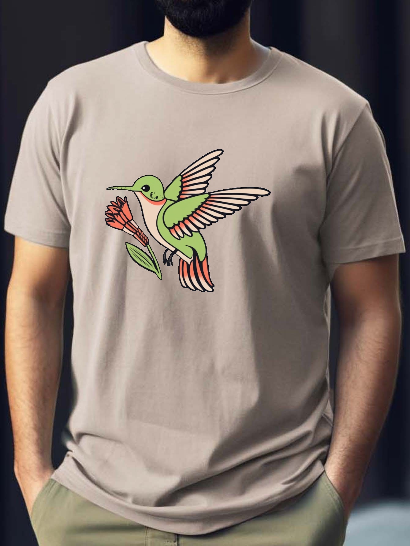 Hummingbird And Flower Print T Shirt, Tees For Men, Casual Short Sleeve  T-shirt For Summer