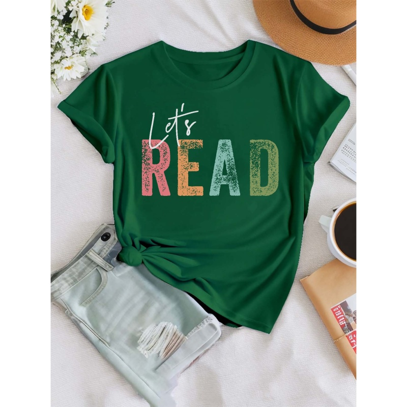 

Fashion Letters Let's Read Print T-shirt, Short Sleeve Crew Neck Casual Top For Summer & Spring, Women's Clothing