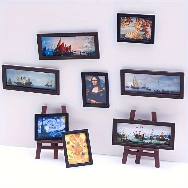 

8pcs/set Mini Retro Oil Painting Mini Mural Doll Living Room Bedroom Furniture Model Accessories Art Decoration, Wooden Photo Frame