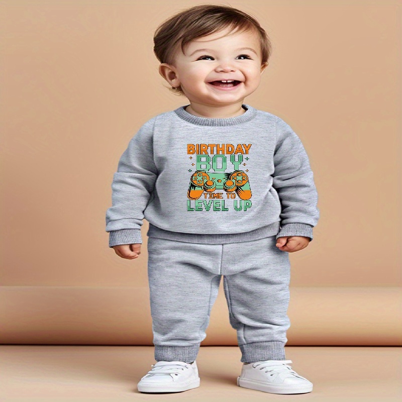 

Baby's 2pcs "birthday Boy Time To Level Up" Print Long Sleeve Outfit, Sweatshirt & Sweatpants Set, Baby Boy's Clothing, As Gift