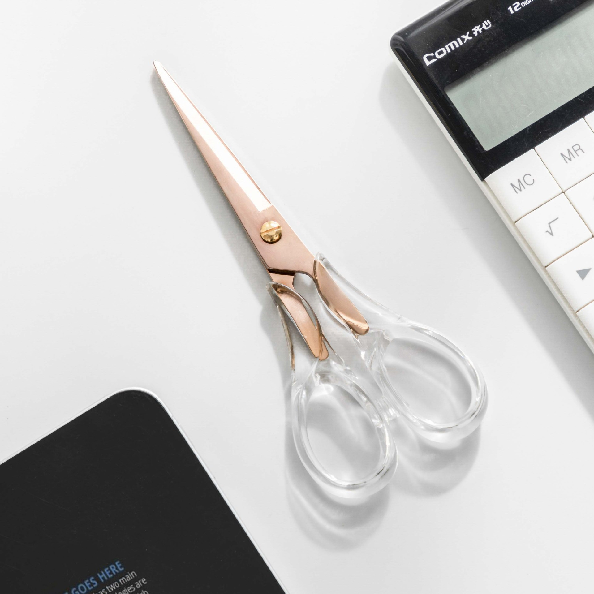 Image of Practical Light Luxury Simple Transparent Acrylic Scissors Golden Office Stainless Steel Clippers Handbook Cutting Tools