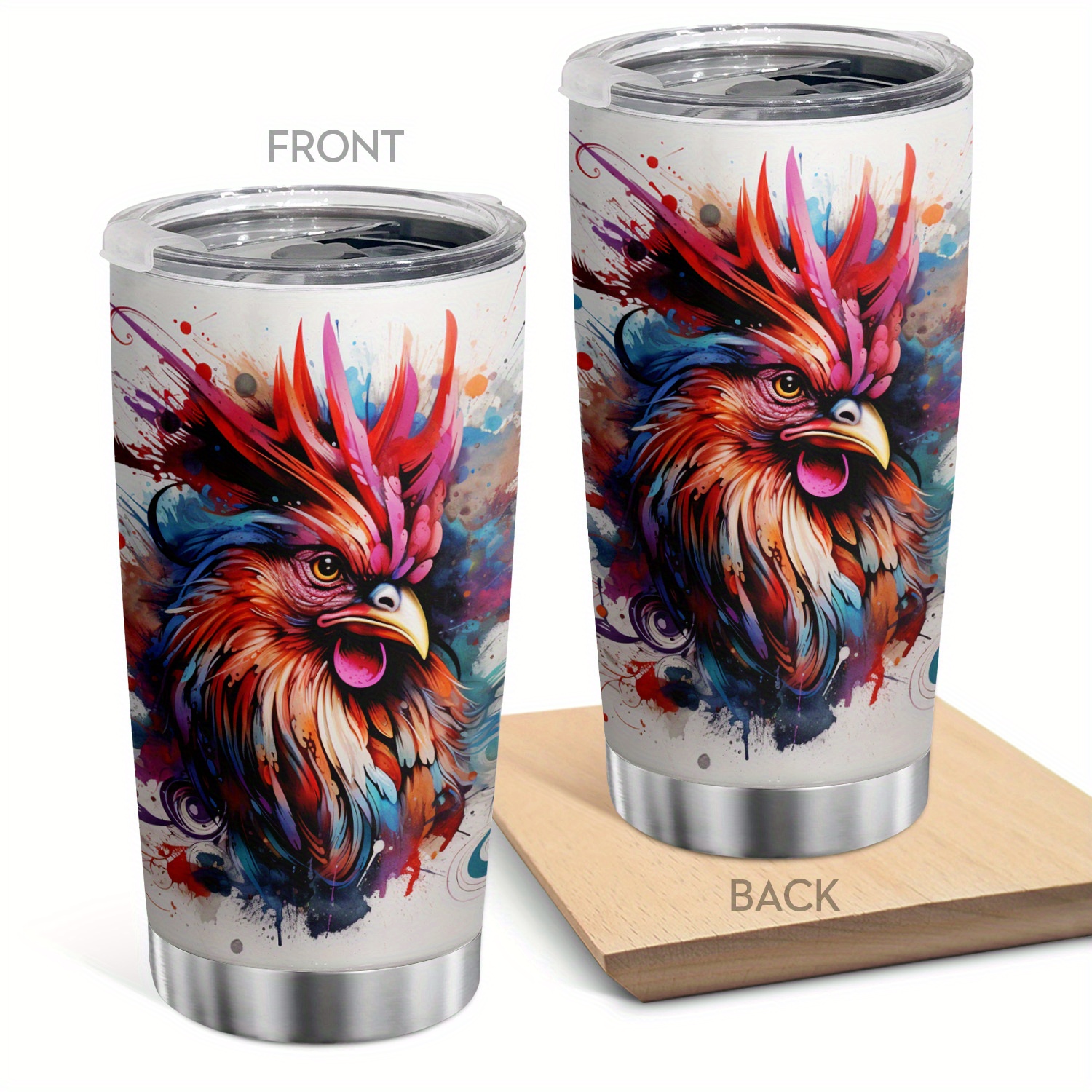 

1pc Rooster Insulated Tumbler With Lid 20oz Colorful Roosters Pattern Stainless Steel Mug For Girls Coffee Cup