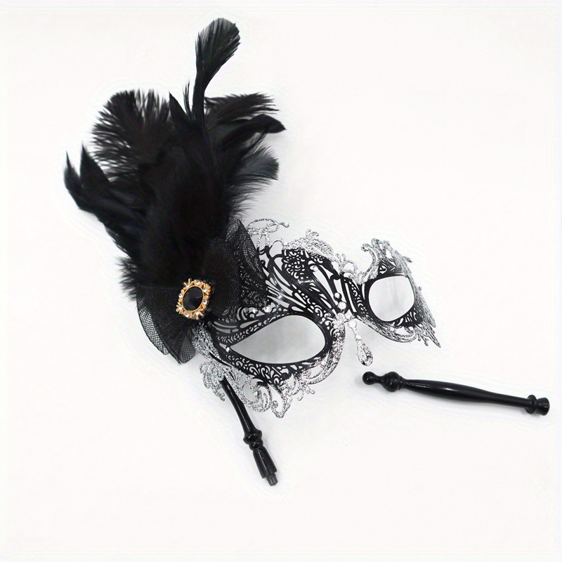 Handheld Stick Mask | Feather Masquerade Mask Black Silver