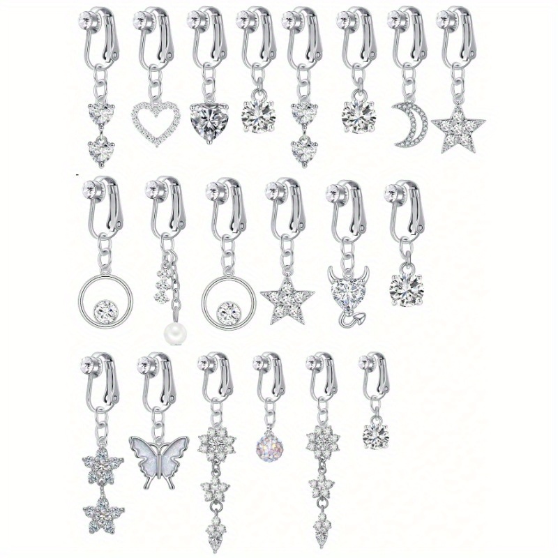 

2pcs Star Moon Etc Shape Pendant Clip On Belly Button Ring Inlaid White Zircon Fake Piercing Navel Nail
