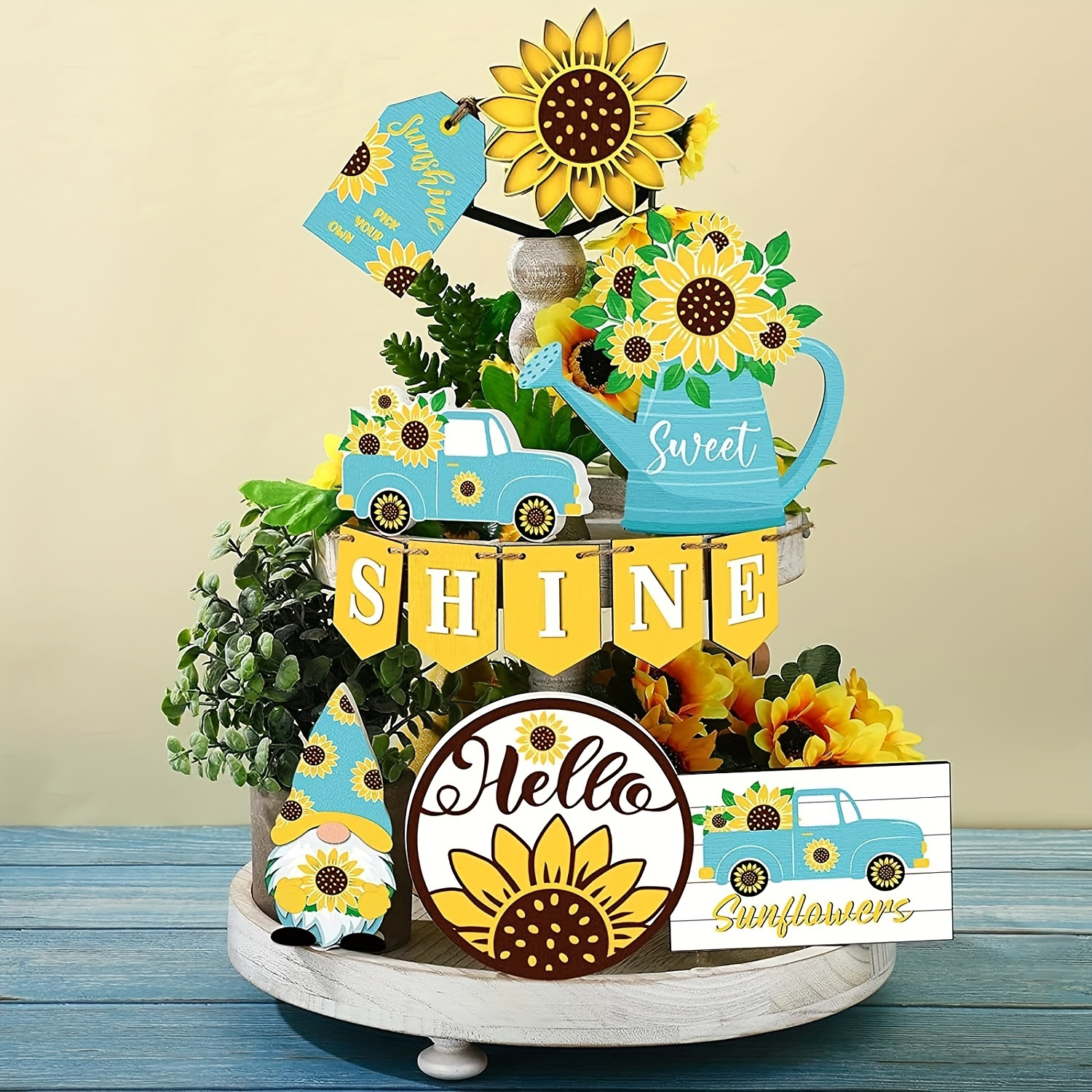 

12pcs Sunflower Tiered Tray Decoration Sets, Sunshine Tabletop Decor Wooden Signs Summer Flowers Tray Decor, Table Centerpieces Decorative Trays Signs, Rustic Farmhouse Room Home Table Kitchen Decor