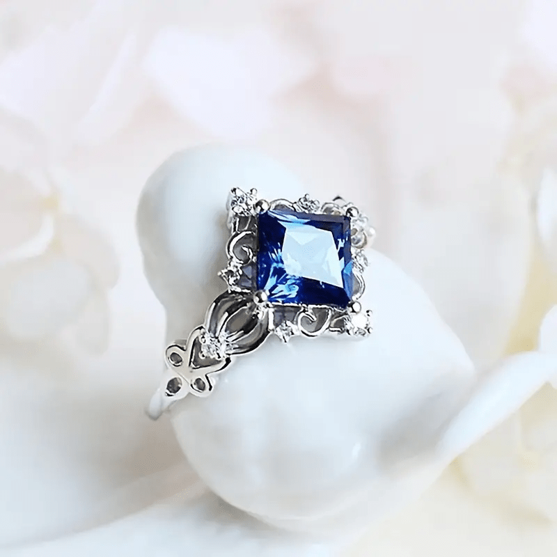 

Exquisite Promise Ring Silver Plated Inlaid Waterish Zirconia In Ocean Blue Engagement/ Wedding Ring Evening Party Decor