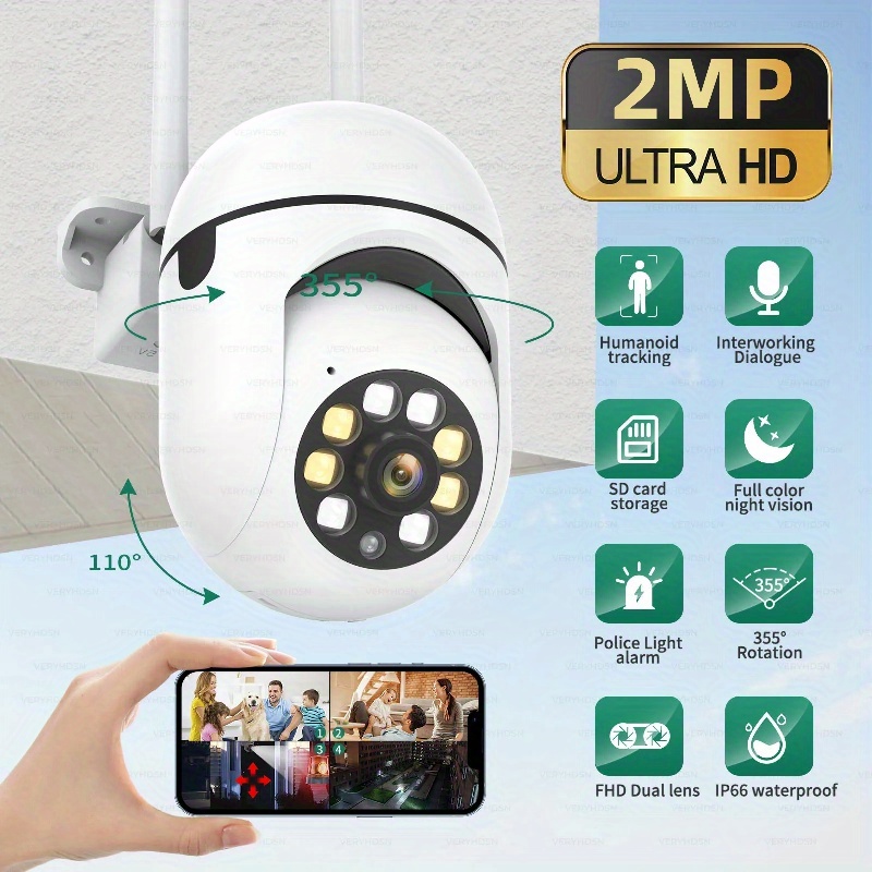 2 Cámara de Seguridad Wifi Exterior Inalámbrica HD 2MP con Visión