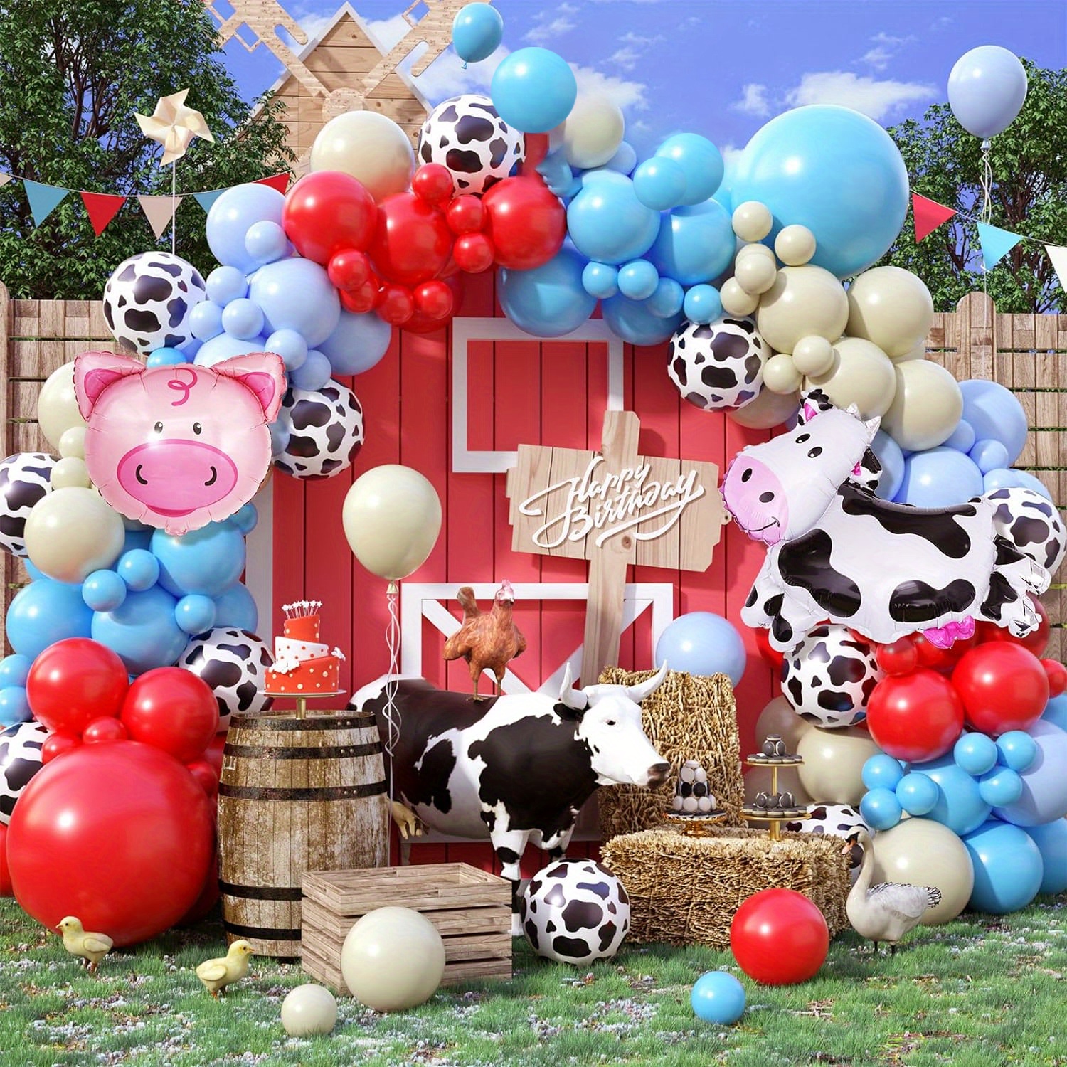 

110pcs, Red Maka Blue Farm Animal Theme Balloon Garland Arch Kit With Farm Animal Print Balloons For Birthday Farm Theme Party Birthday Party Decoration Supplies
