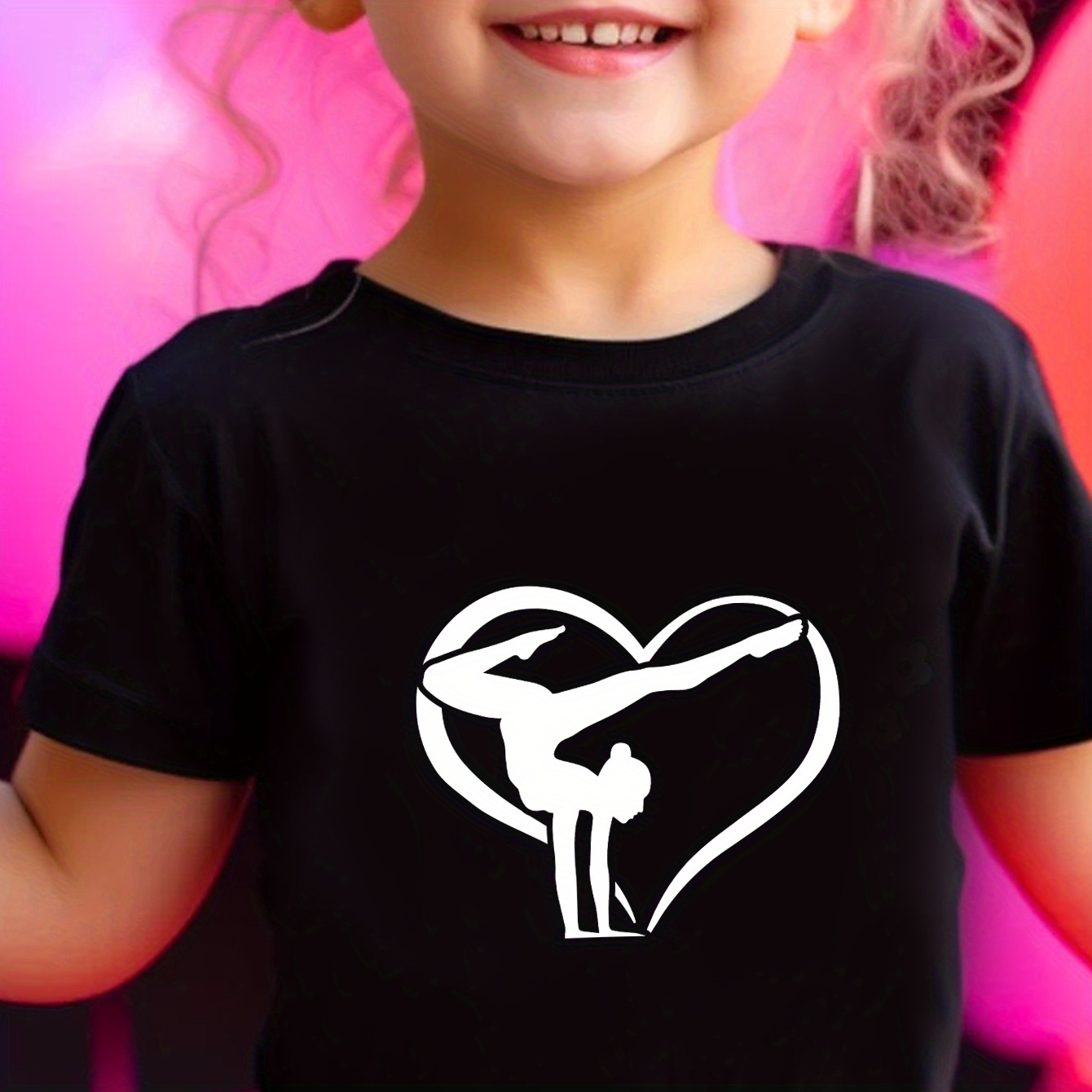 

Gymnastics Girl & Heart Print, Breathable Short Sleeve T-shirt For Girls Summer