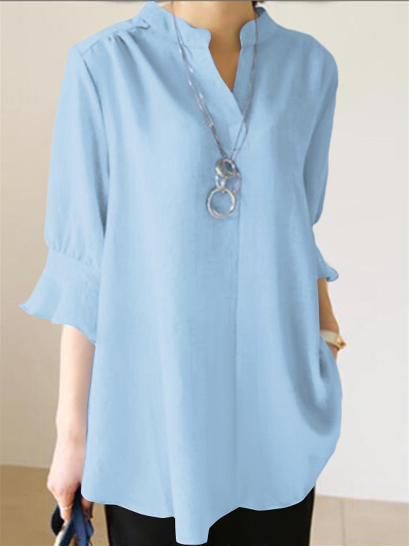 Double Take Exposed Seam Buttoned Notched Neck Blouse main image 1
